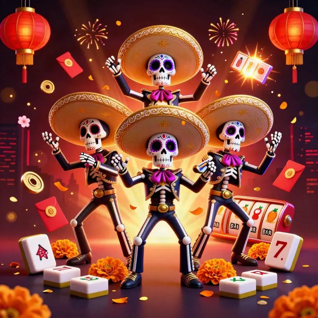 Three neon skeleton mariachi characters amid casino symbols, gold sparks, and dark red cinematic glow.