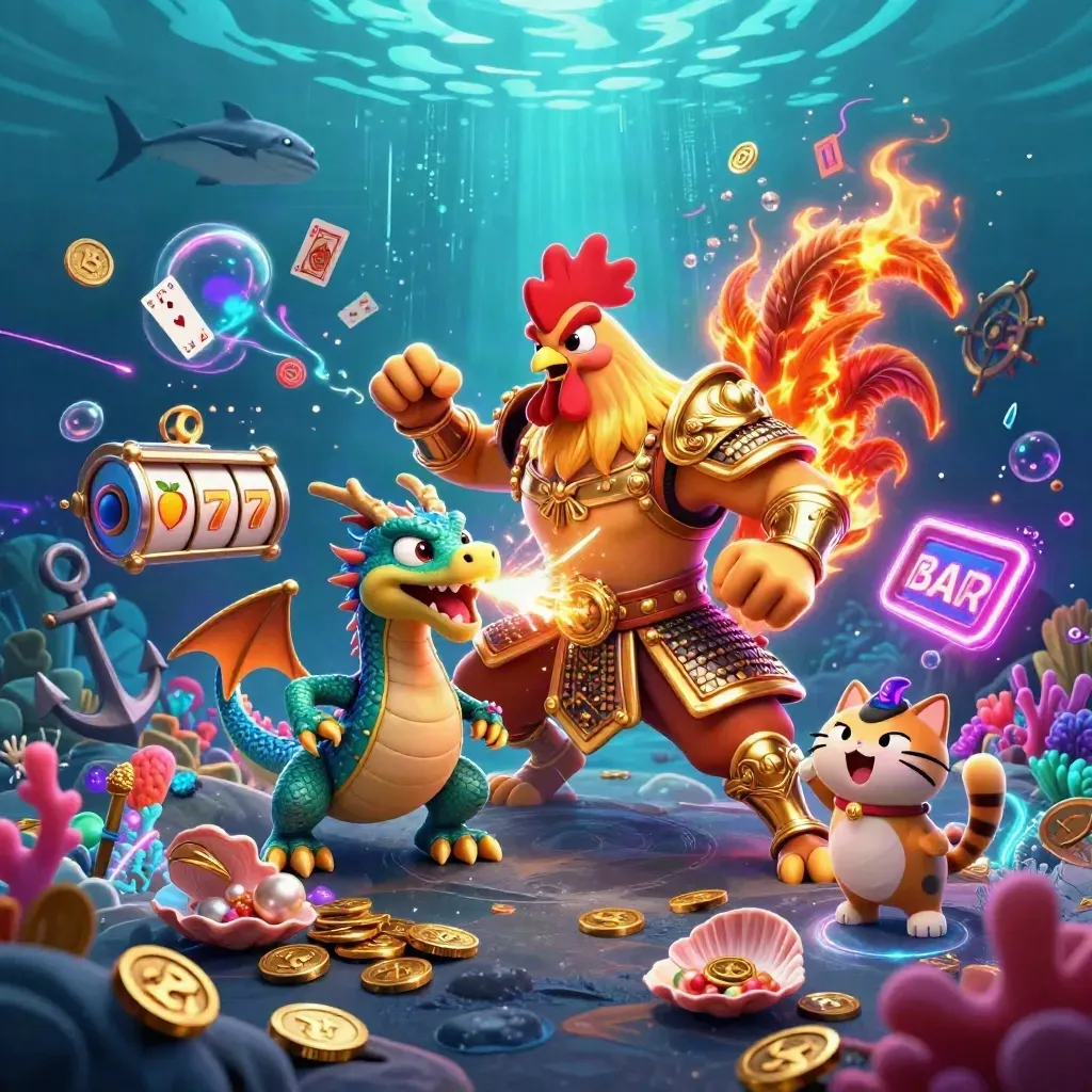 Rooster warrior, dragon hatchling, and fortune cat in a neon underwater treasure cove with casino symbols.