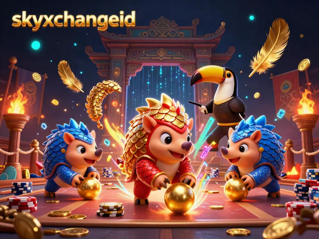 Competitive gambling scene with skyxchangeid featuring vibrant pangolins bowling poker chips.