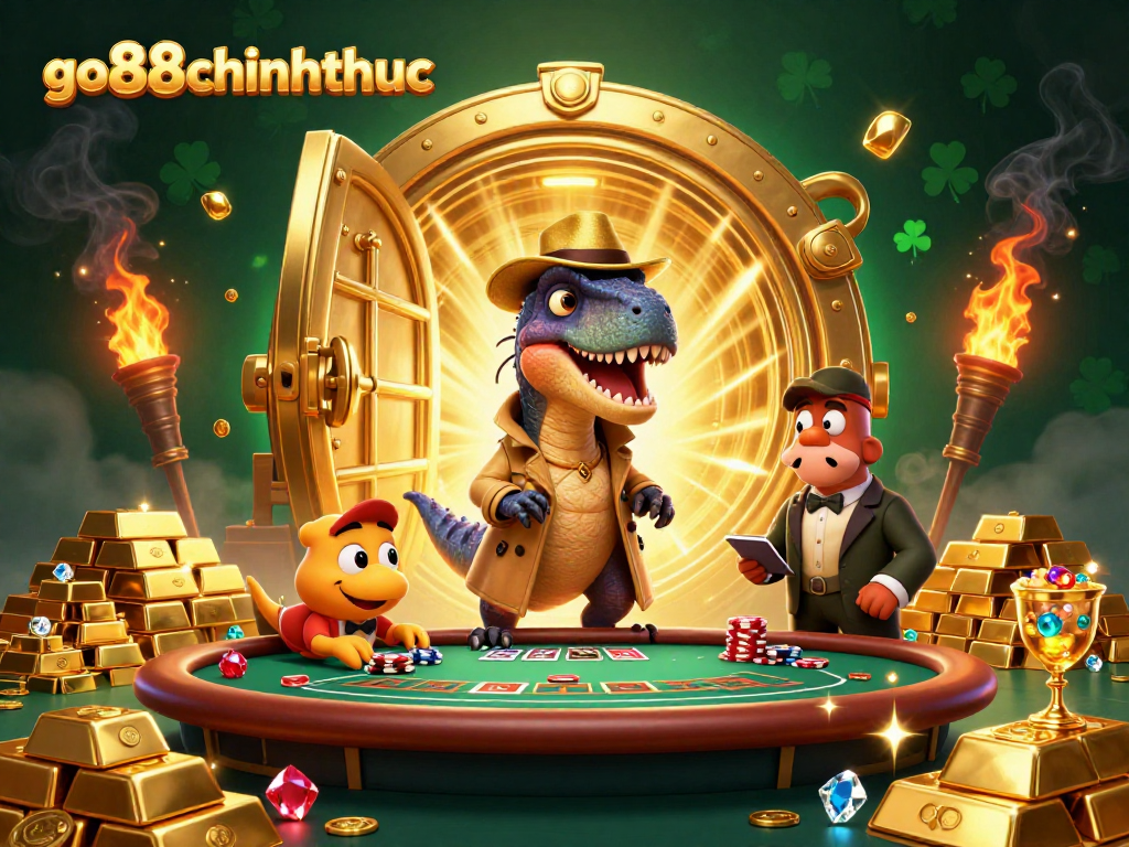 go88chinhthuc showcases a vibrant casino scene with a velociraptor at a blackjack table, enhancing casino excitement.