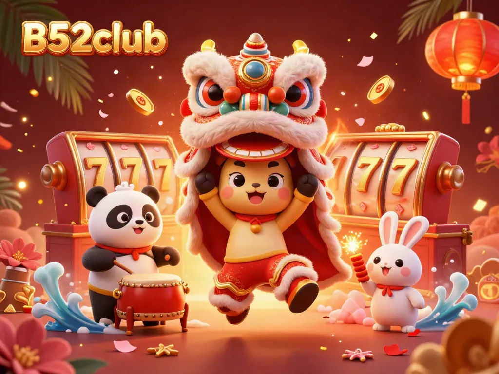Experience the excitement of B52club with a lively casino scene featuring a lion dance and slot machines.