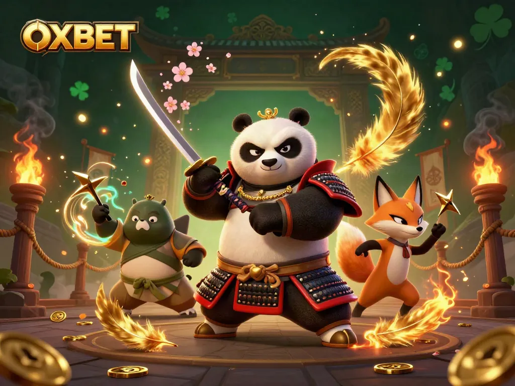 Engage in thrilling bets with OXBET as the fierce cartoon samurai panda battles alongside a ninja fox.