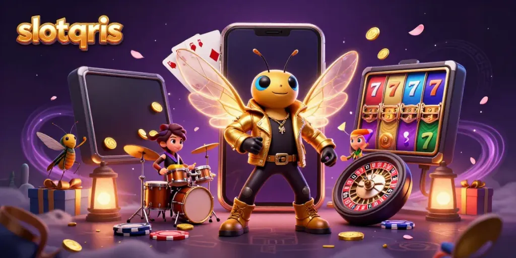 Experience thrilling gameplay with slot qris illustrated by a rock star cicada and captivating casino elements.