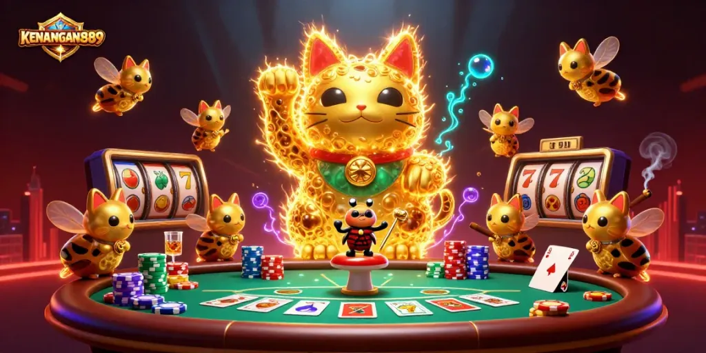 Experience KENANGAN889 gaming with a vibrant lucky cat and poker scene packed with excitement.