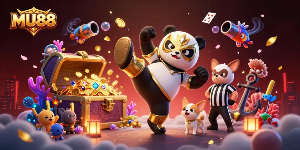 Experience the thrill of MU88 casino with a vibrant 3D scene featuring cartoon characters and dynamic casino elements.
