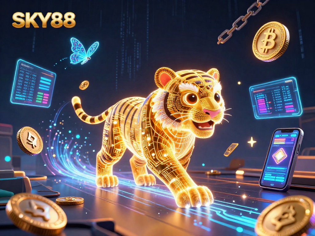 Experience thrilling 3D adventures in SKY88's casino with vibrant digital landscapes and crypto elements.