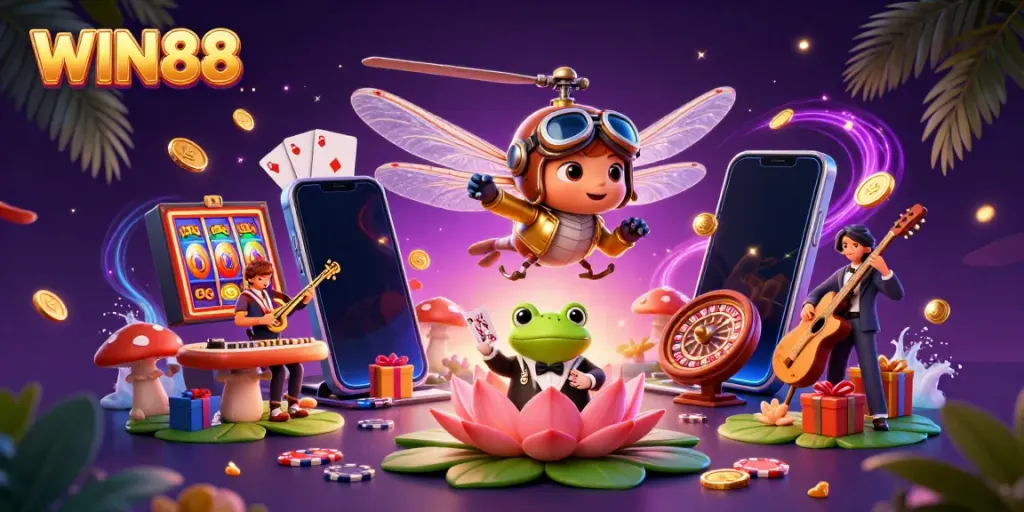 Experience the excitement of WIN88 in a vibrant 3D casino scene featuring characters and dynamic gaming elements.