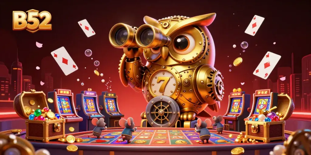 B52 showcases a vibrant casino scene with a golden owl overseeing exciting games in an immersive atmosphere.