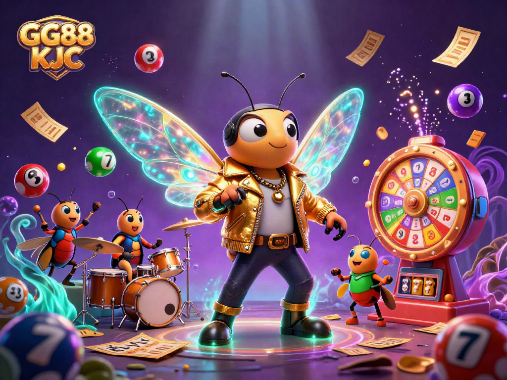 Experience high-energy gaming action with GG88 KJC featuring a cicada rock star and vibrant lottery elements.