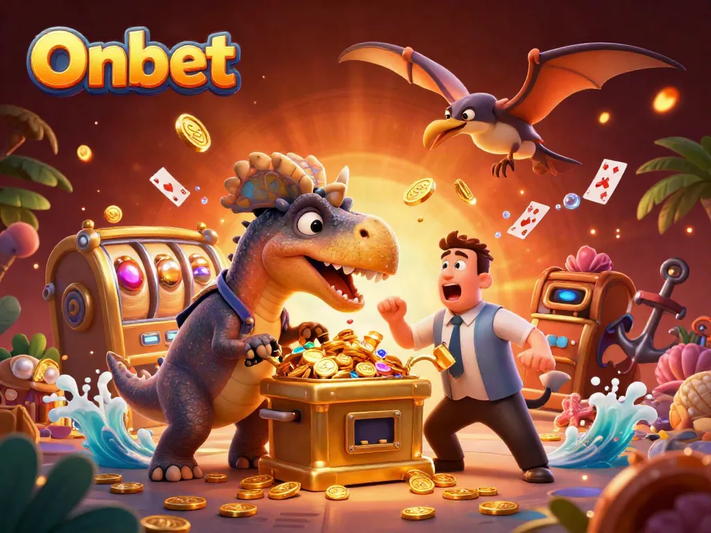 Onbet offers an exciting casino experience with a pachycephalosaurus jackpot scene featuring flying coins and vibrant graphics.