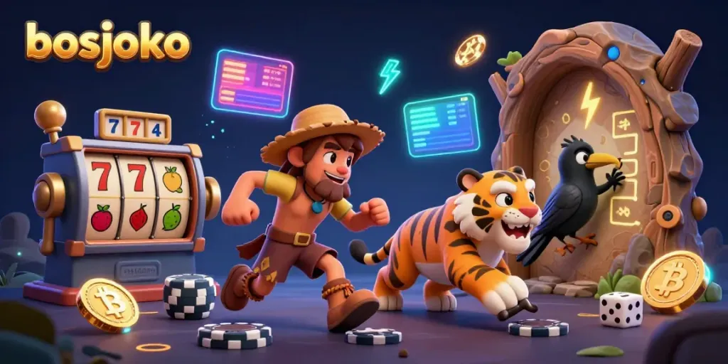 Experience thrilling gameplay at bosjoko with cartoon characters enjoying a lively casino atmosphere filled with vibrant slot machines.