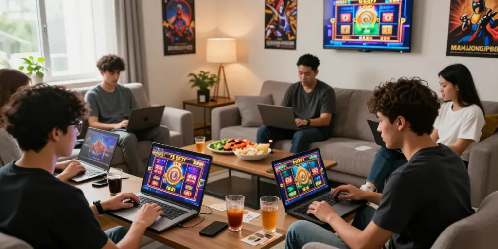 Players enjoying PG SOFT slot server Thailand games at home, immersed in a vibrant gaming atmosphere.