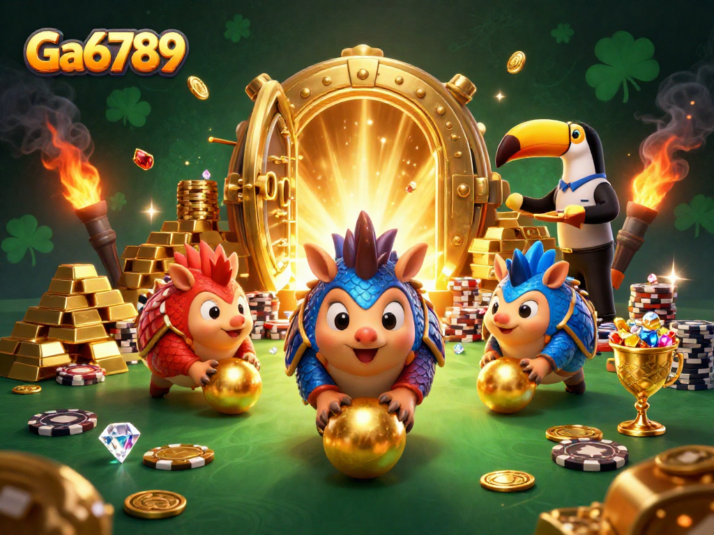 Experience exciting competition with Ga6789 as pangolins roll golden balls through poker chips in a vibrant casino scene.