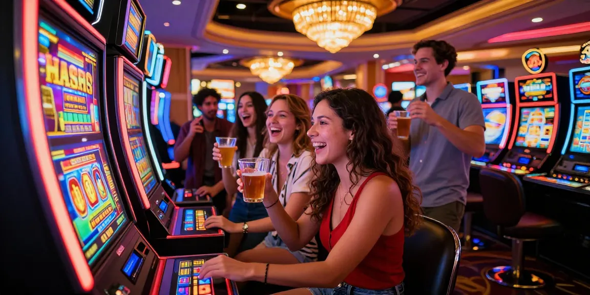 Teman-teman bersenang-senang bermain bandar slot di kasino yang ramai.