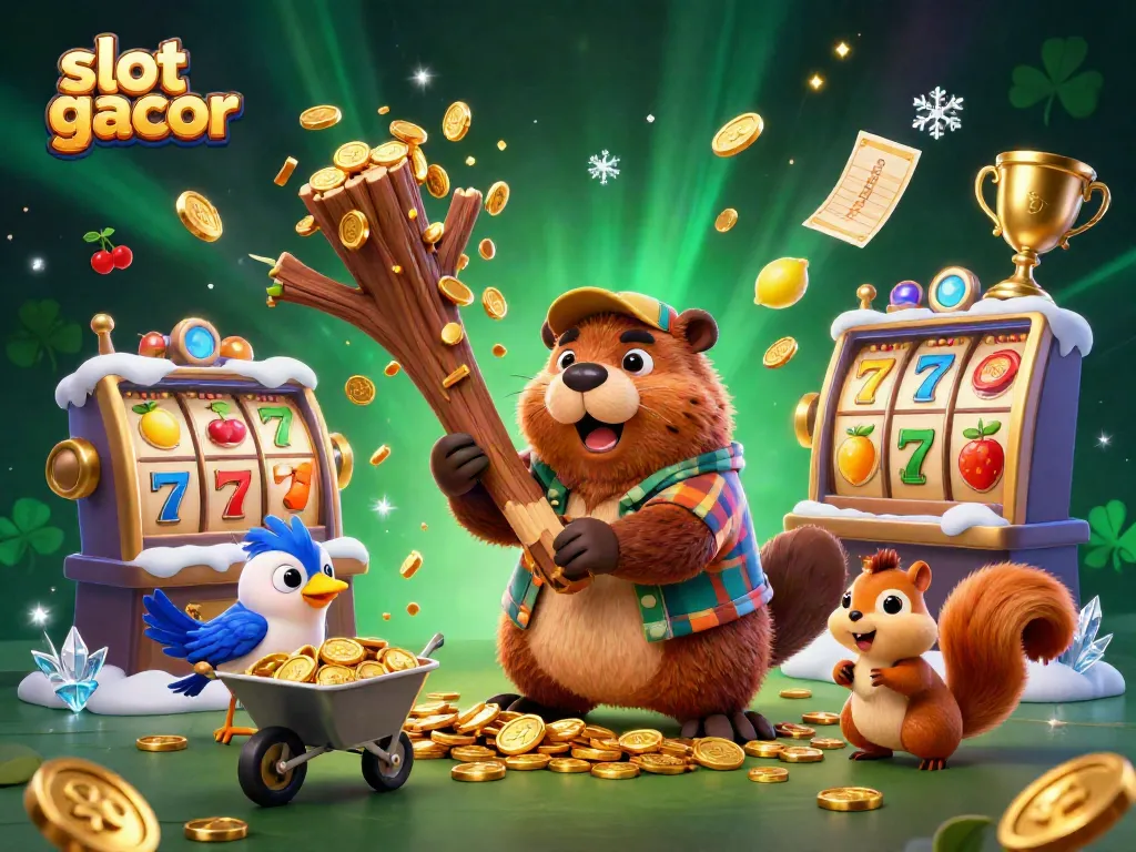 Experience thrill with slot gacor features in a vibrant scene of coins raining from a beaver's tree.