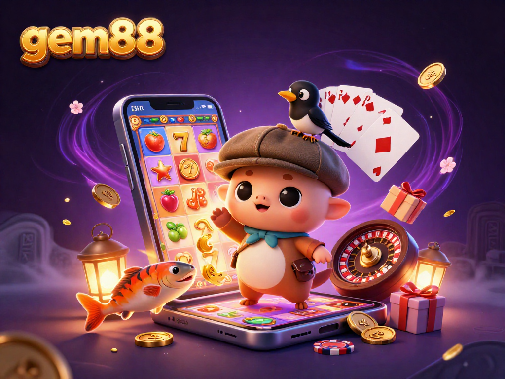 Engage with gem88's lively slots scene featuring playful characters, vibrant slot game action, and casino excitement.