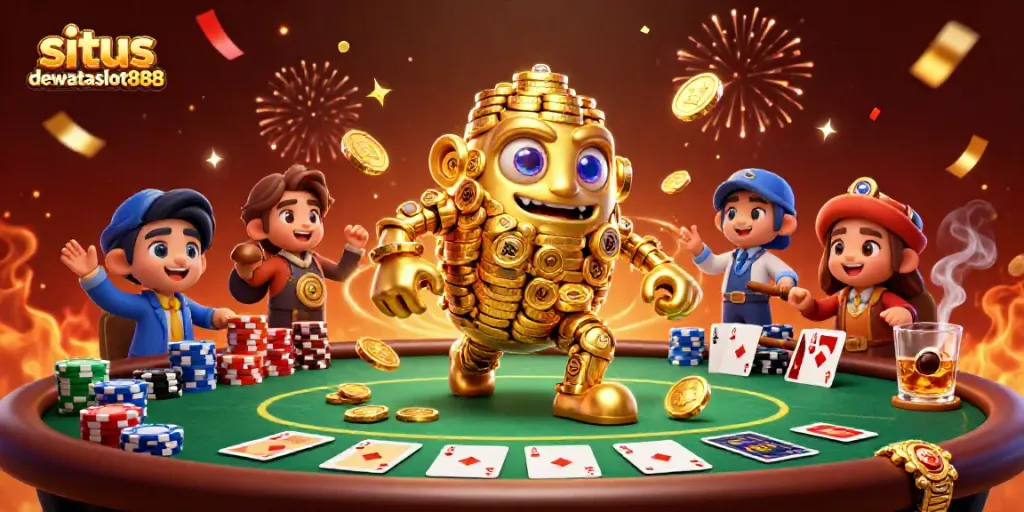 Permainan judi yang menarik di situs dewataslot888 dengan simbol mesin slot dan atribut poker.