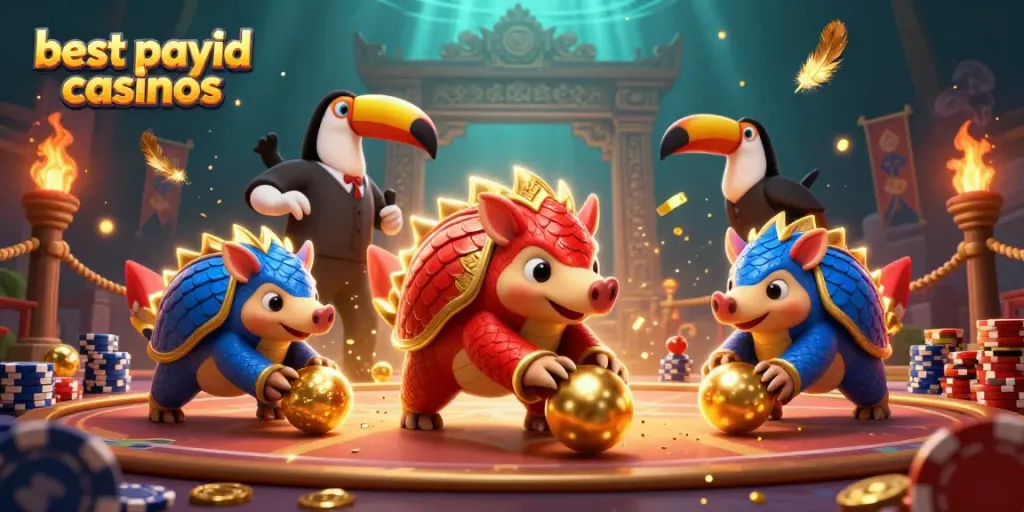Dynamic scene showcasing the best PayID casinos with cartoon pangolins and casino elements.