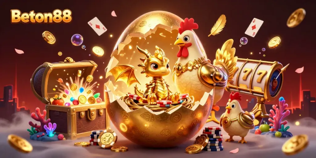 Permainan Beton88 menampilkan jackpot dengan naga emas dan cekungan slot berkilau yang dikelilingi koin emas.