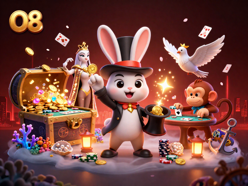 Experience thrilling gameplay at O8 with a magician rabbit and poker-themed 3D scene.