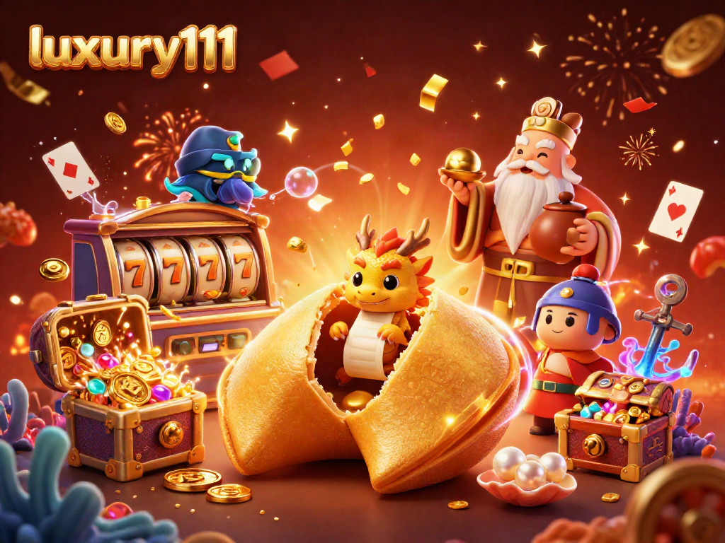 Win in style with luxury111, featuring a lavish golden fortune cookie and vibrant casino elements.