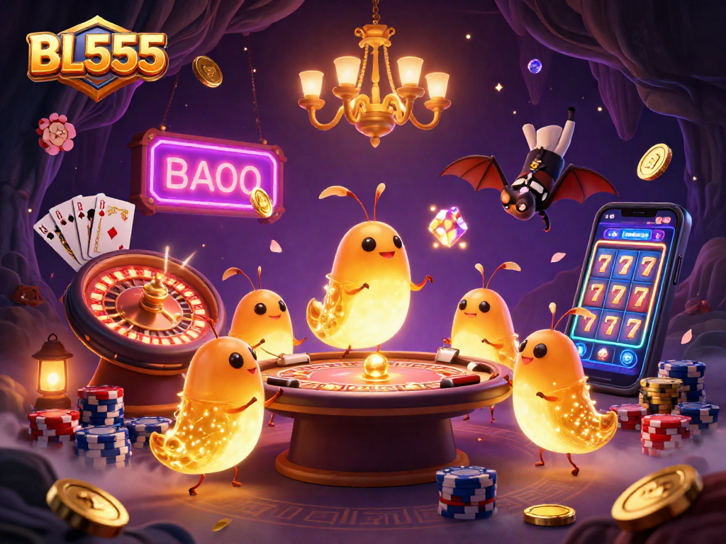Experience the vibrant glow of BL555's animated casino scene, showcasing dazzling games and lively characters.