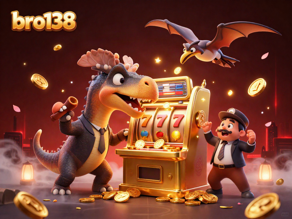 Engaging scene of bro138 with a pachycephalosaurus at a slot machine winning coins amidst casino excitement.