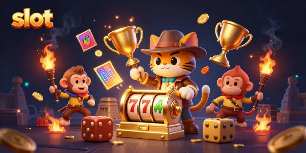 Menangkan hadiah slot dengan penjelajah kucing dan monyet di kuil berkilau.