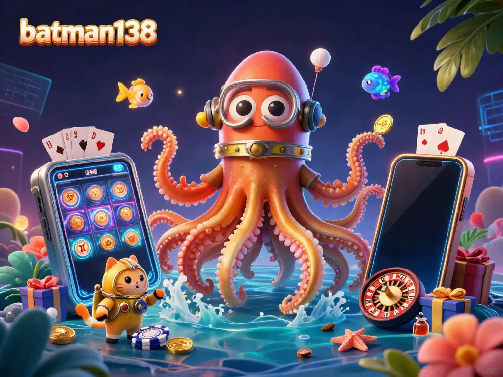 Experience the thrill of batman138's gaming world with a dynamic kraken and vintage diving cat.