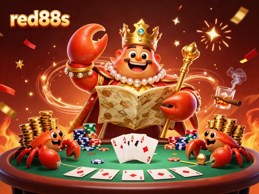 Experience exciting gaming with red88s featuring a golden crab emperor and poker scene.