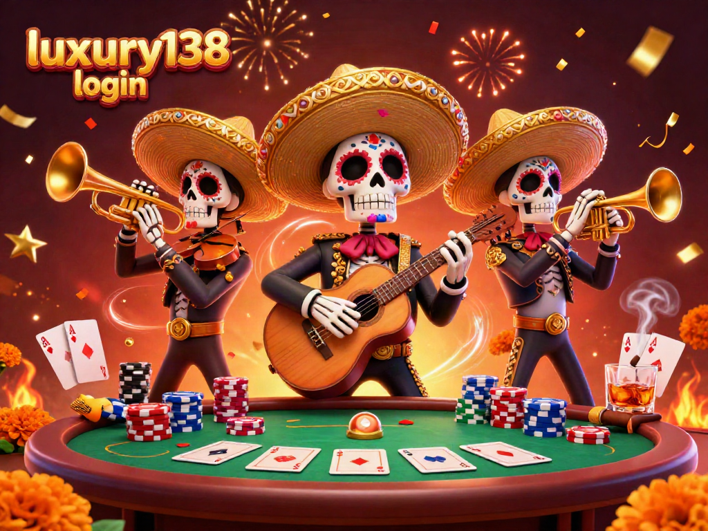 Mengakses luxury138 login sambil merayakan permainan kasino dengan band mariachi skeleton berwarna-warni di tengah suasana meriah.