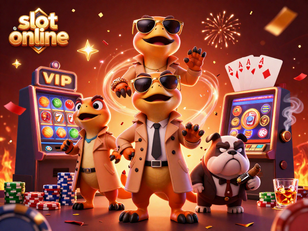 Bermain slot online dengan penuh perayaan dan keseruan, dikelilingi elemen kasino yang menarik.
