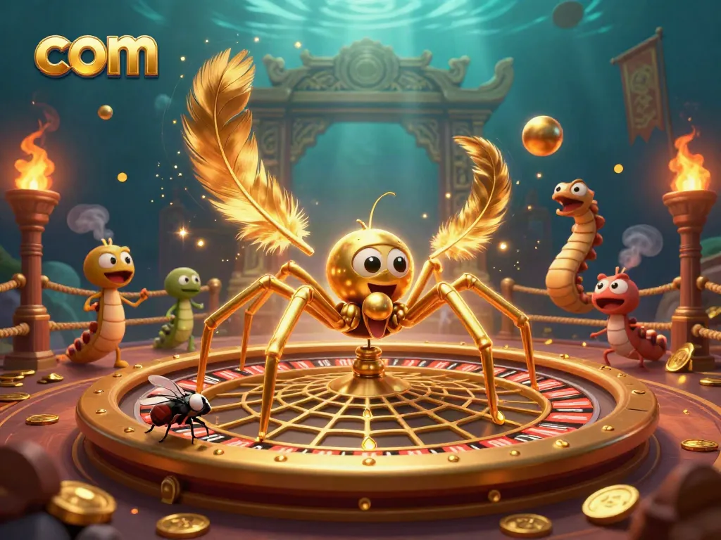 Engage with com's thrilling gaming scene where a golden spider spins a roulette wheel web, symbolizing chance and excitement.