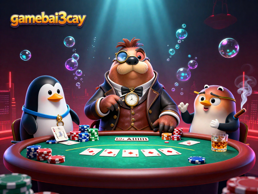Experience thrilling poker dynamics with gamebai3cay featuring lively walrus and penguin characters.