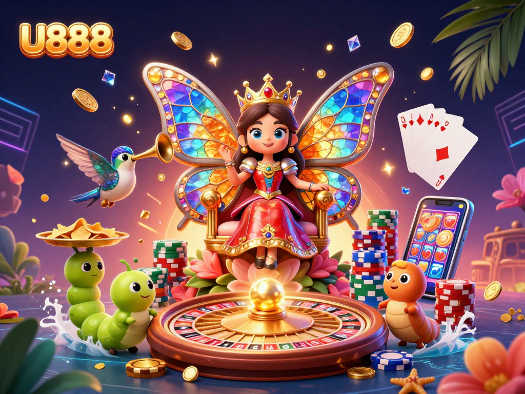 Experience the vibrant world of U888 with stunning slots, chips, and lively characters in action.