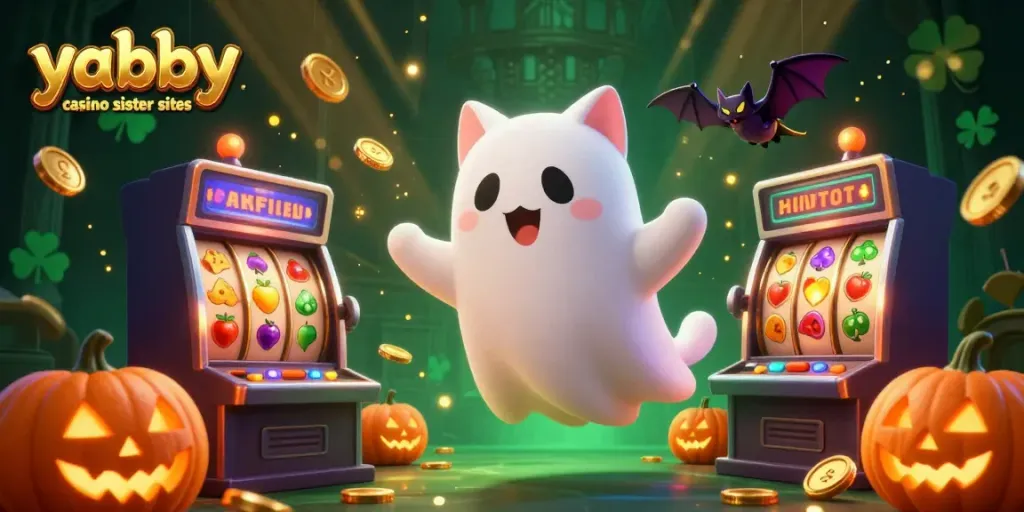 Experience lively gameplay at yabby casino sister sites, showcasing a ghost cat and vibrant gaming elements.