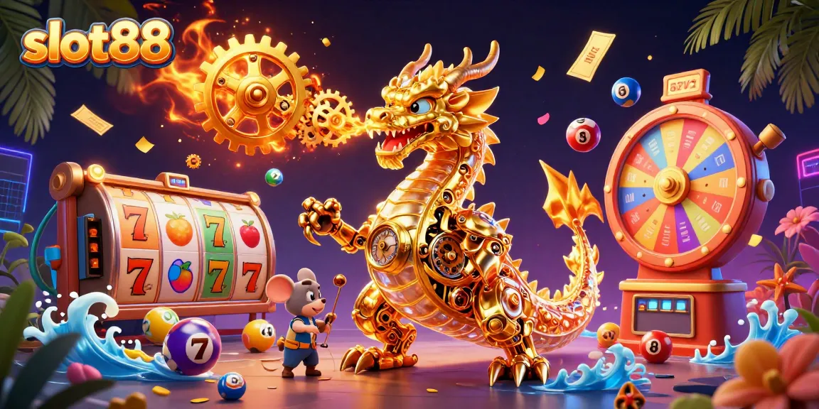 Slot88 menampilkan naga emas mekanis dalam permainan slot dengan elemen berwarna dan jackpot yang bertenaga.