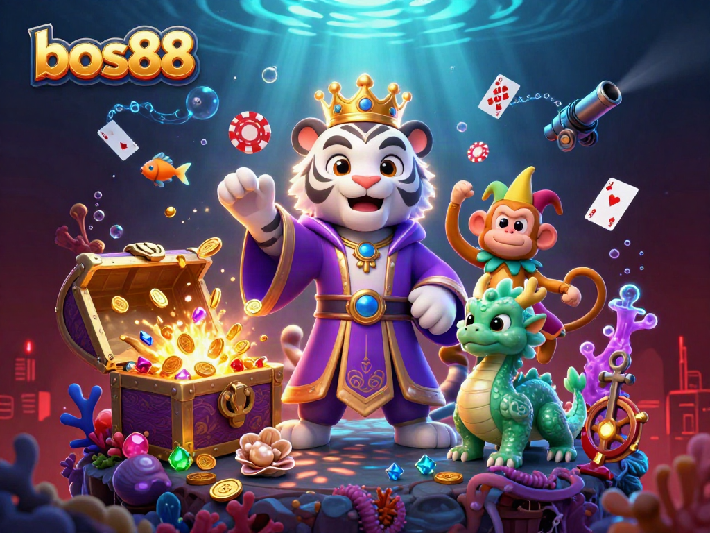 bos88 menghadirkan gambar meriah dengan harimau putih elegan, monyet emas, dan naga giok, semua dikelilingi tema kasino yang semarak.