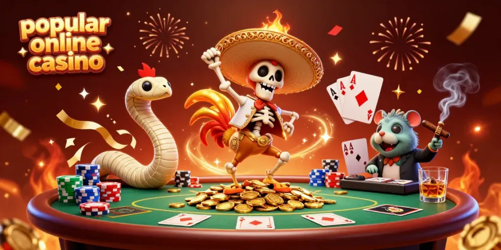 Experience the thrill at a popular online casino with a festive 3D scene of vibrant characters celebrating victory.