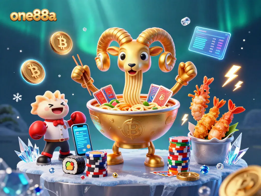 Engage with one88a's vibrant casino experience featuring a playful golden ramen bowl dealer and crypto elements.
