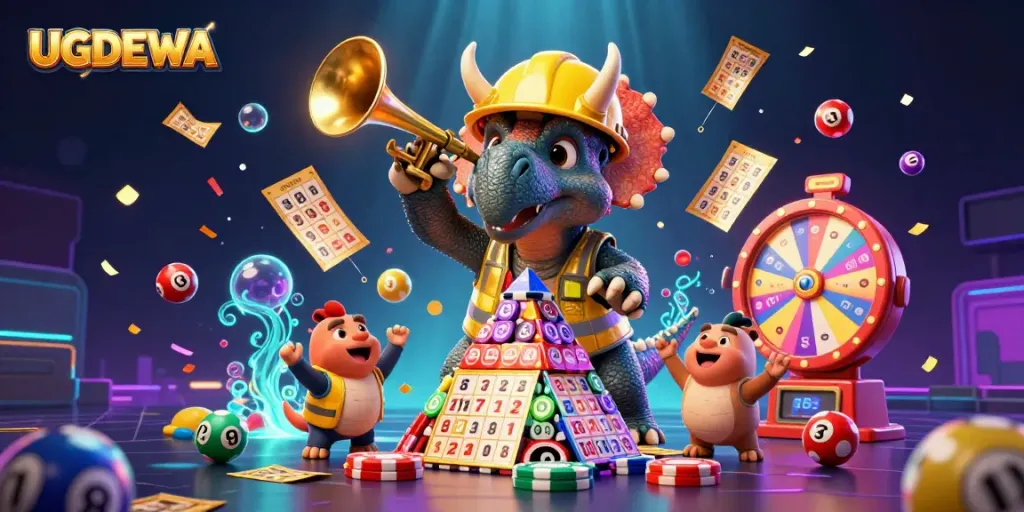 UGDEWA engages players with vibrant casino fun in a celebratory scene filled with lottery excitement.