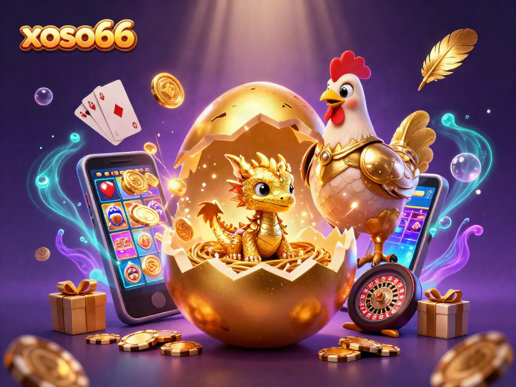 Engage with xoso66, where a golden baby dragon awaits on poker chips amidst vibrant casino imagery.