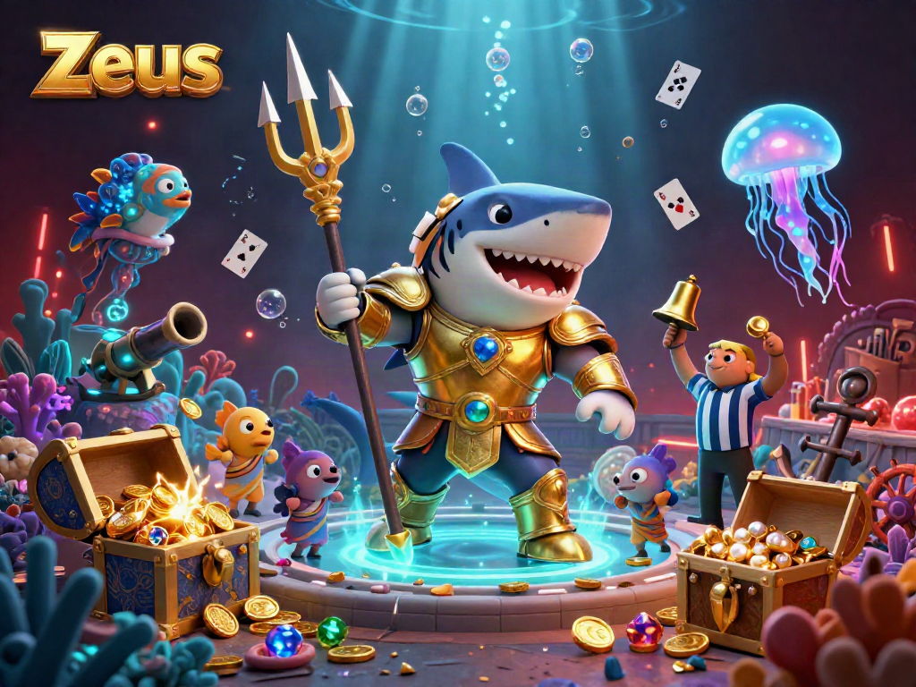 Experience the thrill of Zeus in a lively underwater casino with colorful gold coins and vibrant characters.