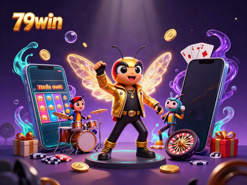 Experience the thrill of gambling with 79win through an electrifying illustration of characters surrounded by casino elements.