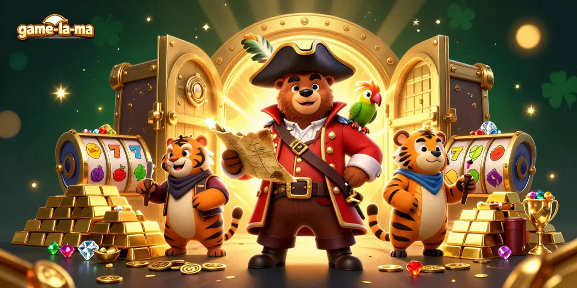 Experience game-la-ma with a vibrant casino scene featuring pirate characters and rich treasures.