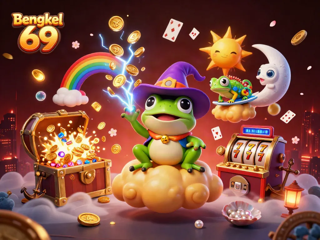Experience the thrill of Bengkel 69's slots with a vibrant scene full of golden coins and playful characters.