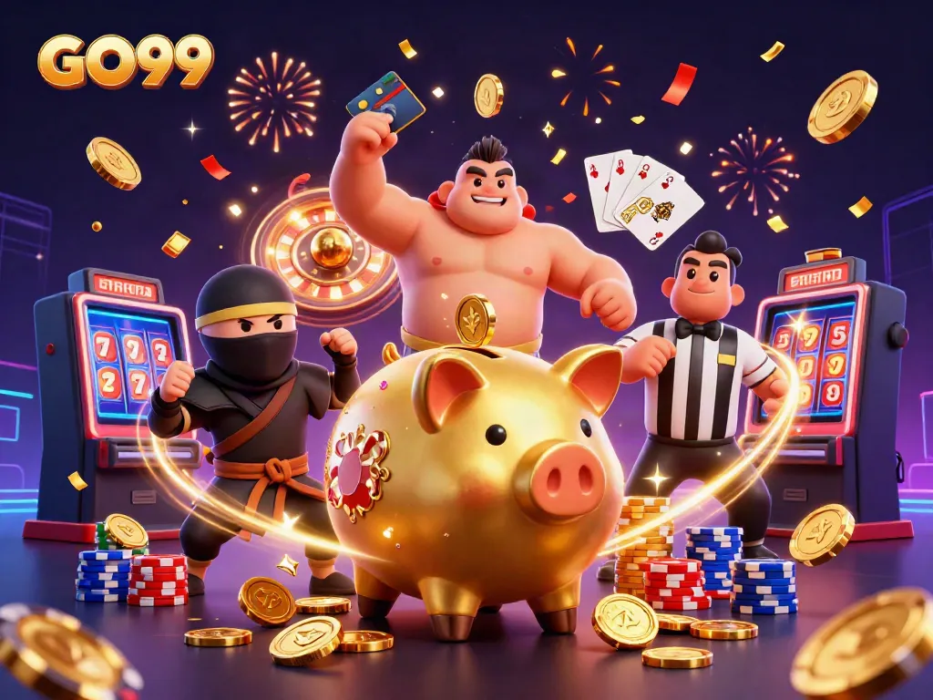Experience the excitement of GO99 casino with a dynamic illustration of lively characters and rich gaming elements.