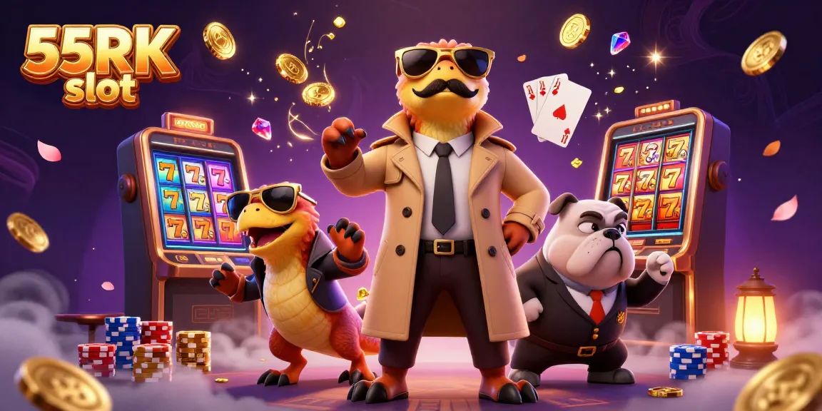 Engage with the 55RK slot amidst a vibrant casino scene showcasing dynamic characters and rich game elements.