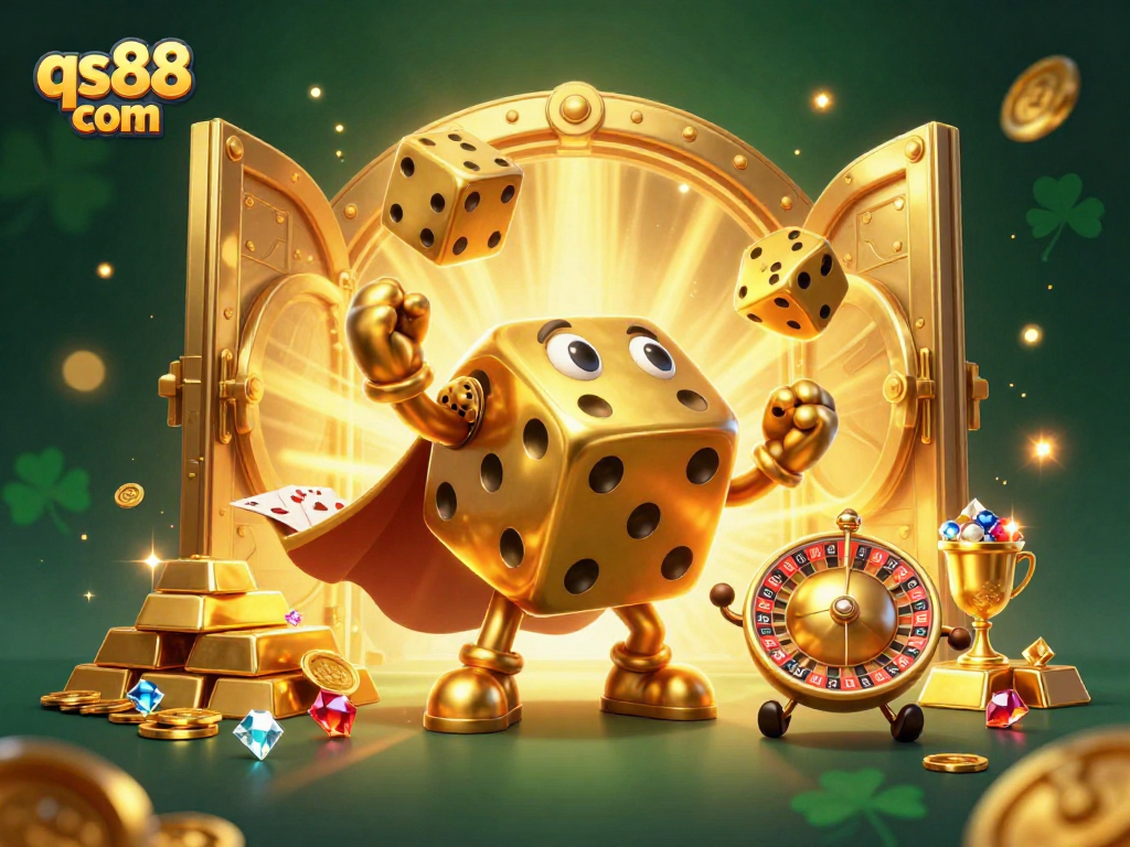 Engage with qs88 com’s vibrant cartoon casino world featuring animated golden dice and treasures.