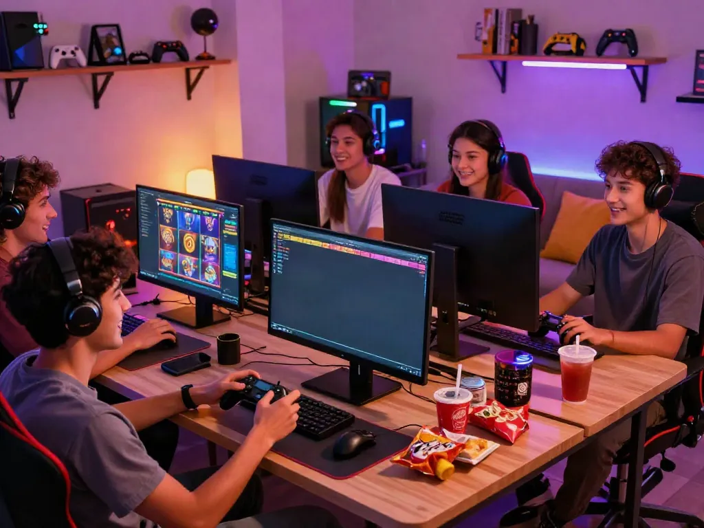 Friends enjoying a gaming night, fully engaged in slot gacor hari ini with vibrant atmosphere.